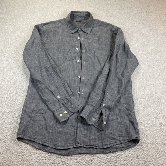 Uniqlo Men's Linen Premium Long Sleeve Shirt size Large in Grey Geometric - Picture 1 of 10
